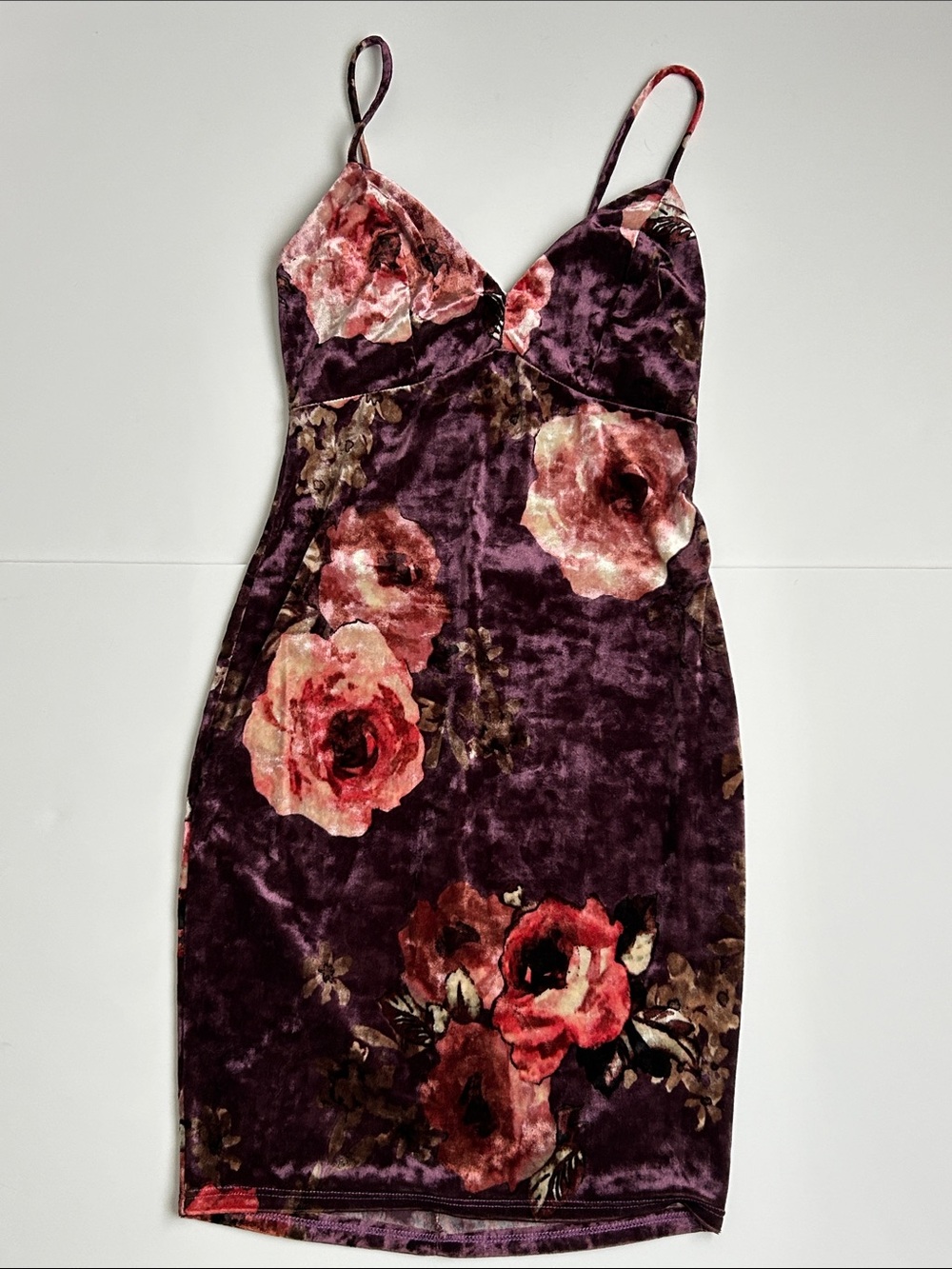 Charlotte Russe Plum Velvet Floral Midi Dress with Pink Rose Print